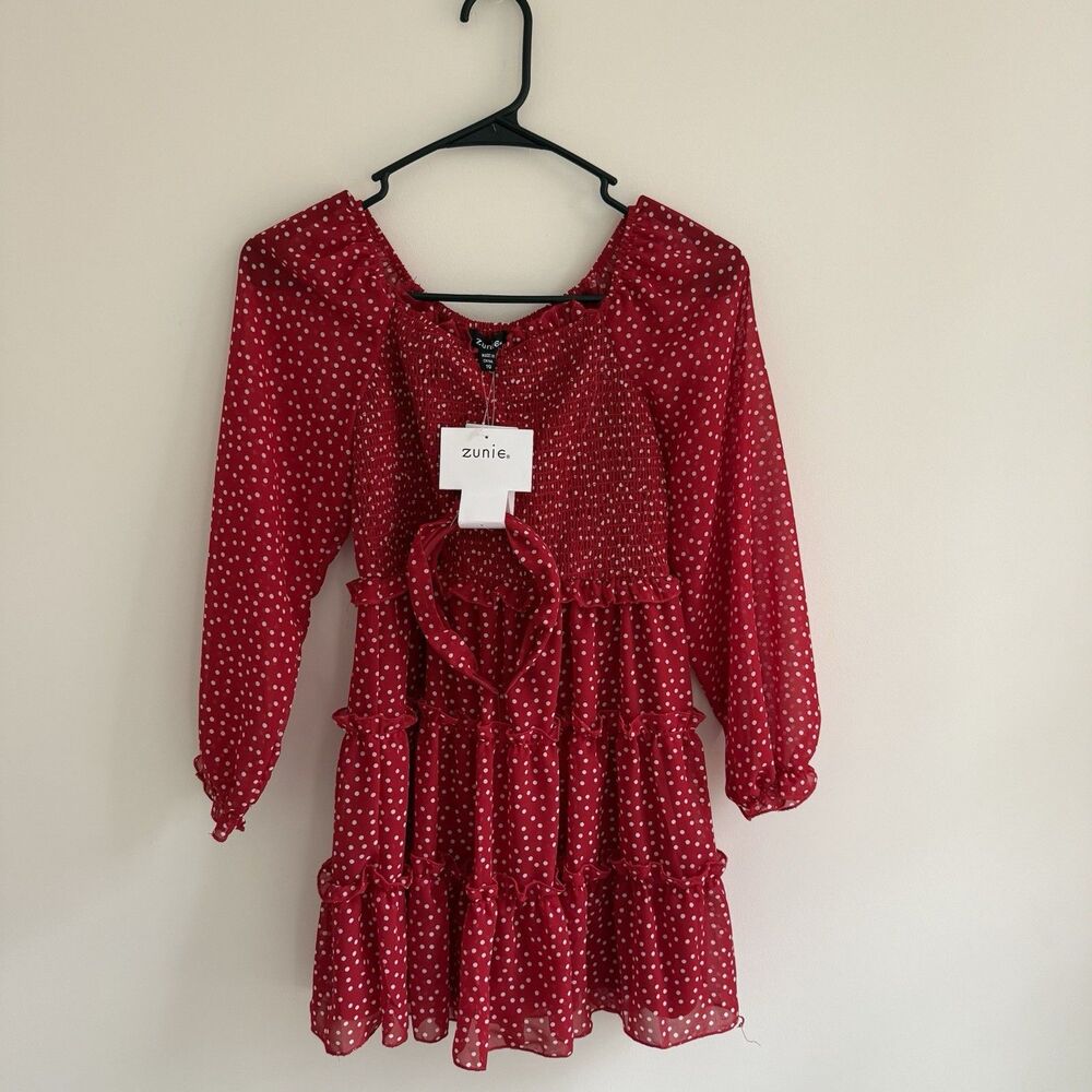 Zunie Girls Party Dress Tiered Ruffle Polka Dot Holiday Cottagecore Smocking NWT